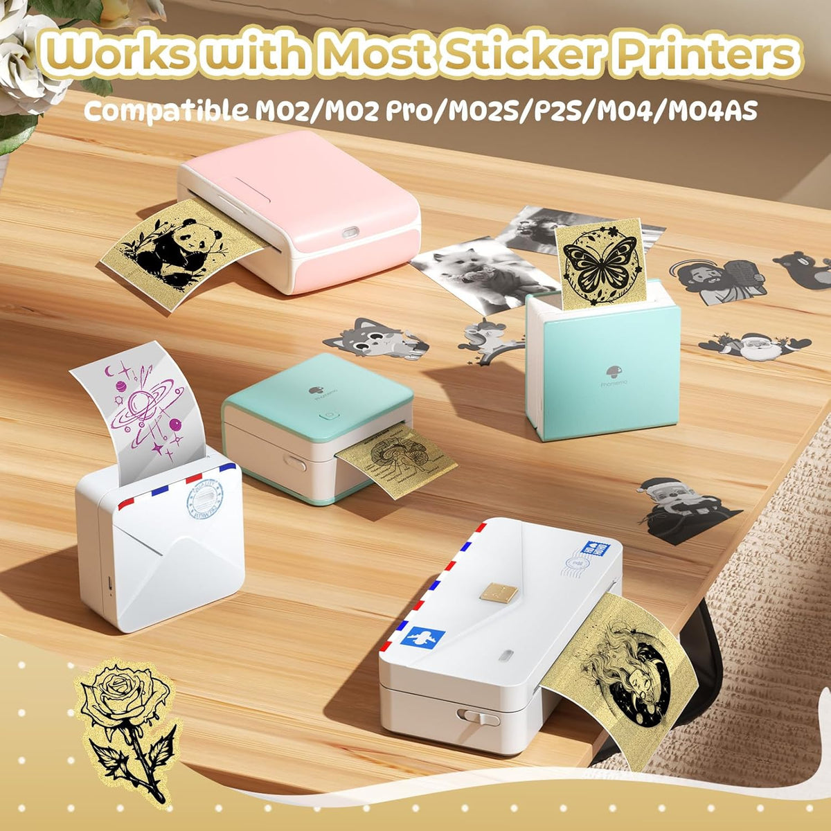 Golden Self-Adhesive Thermal Paper, Glossy Printable Sticker Paper Label for  M02/M02 Pro/M02S/P2S/M04S Mini Sticker Printer, 50Mm X 3.5M, Diameter 28Mm, 3-Rolls